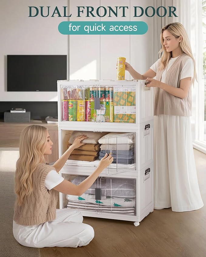 OlarHike 97QT Stackable Storage Bins with Lids - Folding Storage Box with Doors and Wheels, Collapsible Plastic Storage Drawers for Closets, 3 Pack Cubes, Christmas Gifts for Family