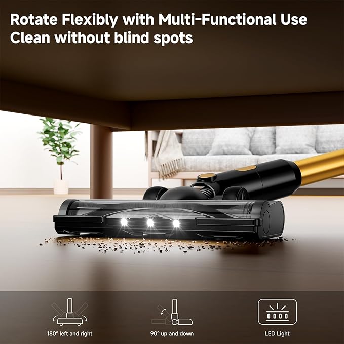 Cordless Vacuum Cleaner,55Mins/Powerful Vacuum Cleaners for Home,Stick Vacuums with 8 in 1,Touch Screen,LED Headlights, Anti-Tangle,Rechargeable,Lightweight for Carpet,Hard Floor, Pet Hair,Gold