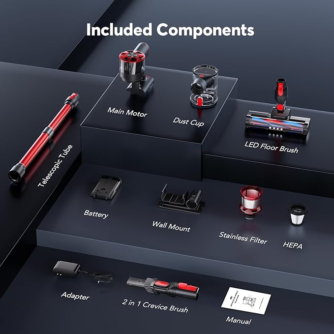 Cordless Vacuum Cleaner Rechargeable with 2600mAh Detachable Battery, Powerful Vacuums with 2 Adjustable Modes, Lightweight Portable Stick Vacuum for Home (Red Black)