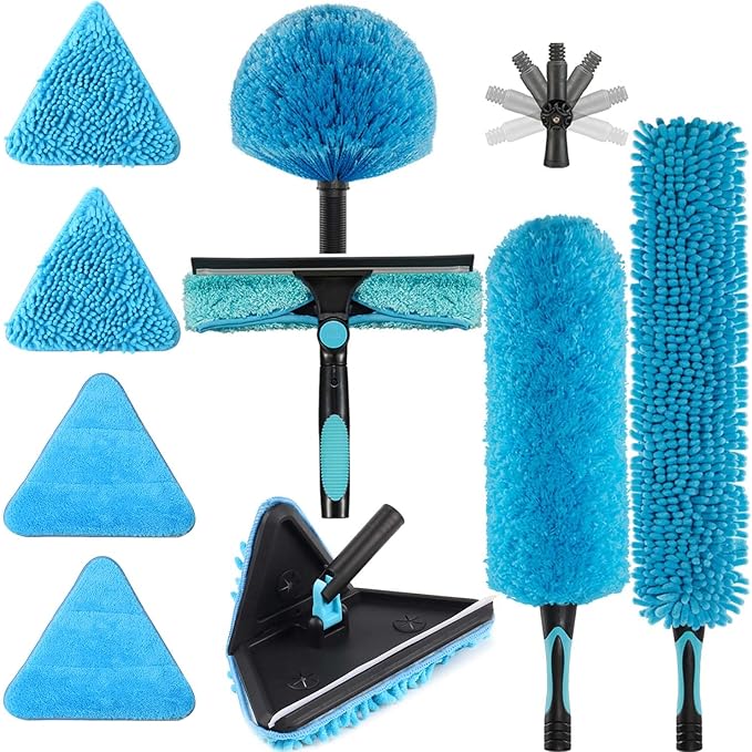 90° Foldable Baseboard Wall Cleaner Mop, Cobweb Duster, Window Cleaning Squeegee Dusting Kit for Extension Pole(Pole Not Included) (1)
