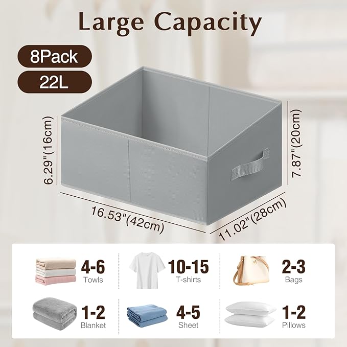 Storage Bins Cube Storage Organizer - 8 Pack Fabric Trapezoid Storage Cubes for Bins and Baskets for Shelves Collapsible Non-Separating Trapezoidal Flared Cube Organizer, Light Gray