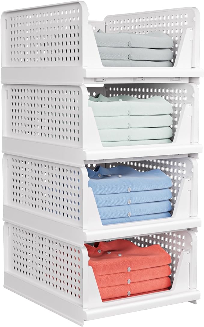 4 Pack Stackable Closet Storage Basket - Stackable Storage Bins, Multifunctional & Foldable Closet Organizer, Wardrobe Cupboard Space-Saving Clothes Storage Hat Organizer, White