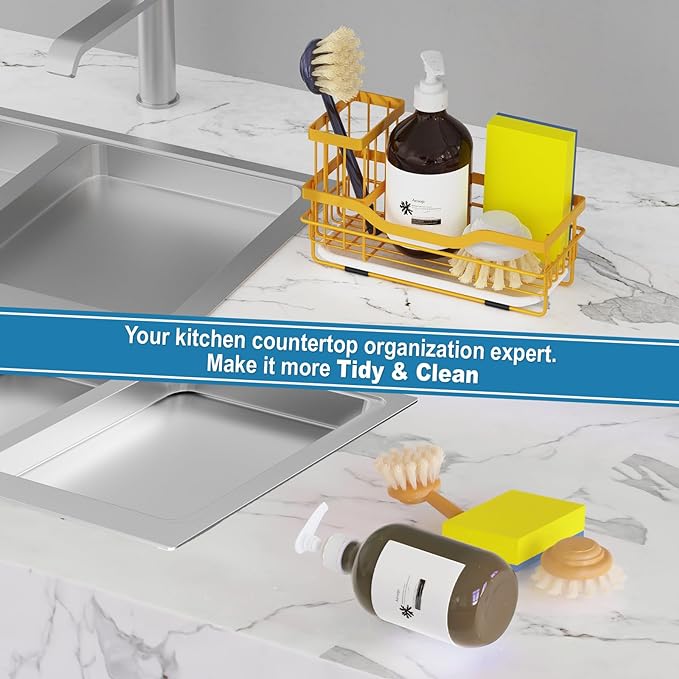 Vanwood Sponge Holder for Kitchen Sink Caddy Organizer With Brush Holder & Drain Tray, Rustproof Dish Soap Caddy for Counter - Storage & Home Accessories