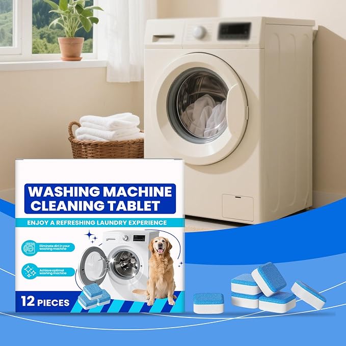 Eco-Friendly Washing Machine Cleaner, 12 Pack Washing Machine Deep Cleaner Tablets, Remove Stubborn Pet Hair, Septic Safe, Compatible with HE, Top & Front Load Washers (1PCS)