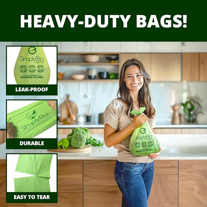 3 Gallon Compostable Trash Bags Liners with Handle-Tie, Thick 0.67 Mil, 11.36 Liter, 80 Bags, Small Kitchen Food Scrap Waste Bag, ASTM D6400, US BPI and OK Compost Home Certified
