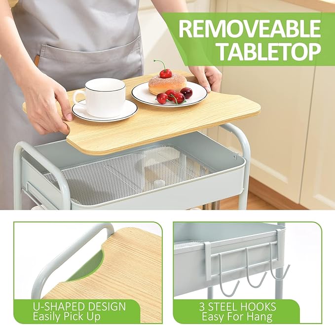 TOOLF 3-Tier Rolling Cart with Table Top, Metal Storage Cart on Wheels, Utility Organizer with Wooden Tray, Lockable Casters, Easy Assembly for Bathroom, Bedroom, Baby Room, Kitchen, Green