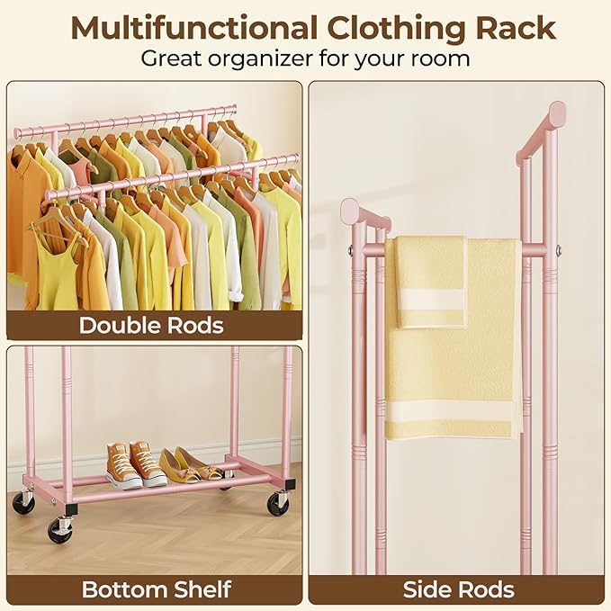 HYSEYY Double Rods Clothes Rack, Sturdy Rolling Clothing Rack, Portable Clothing Racks for Hanging Clothes - Metal Garment Rack Wardrobe Coat Rack for Bedroom Laundry Living Room, Pink