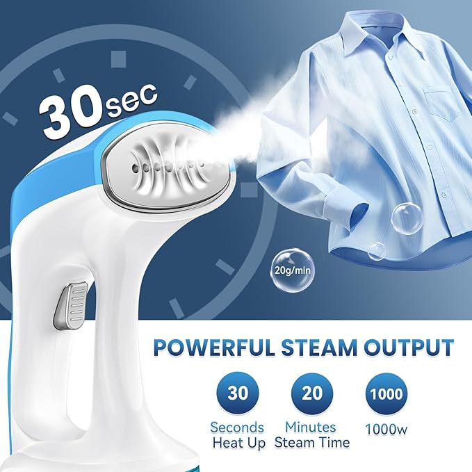 Steamer for Clothes, 2in1 Handheld Garment Steamer and Iron, Fast Heat-Up, Large Leak-Proof Water Tank, Anti-Spit Technology, 1000W Portable Steamer for Wrinkles, Safe on All Fabrics