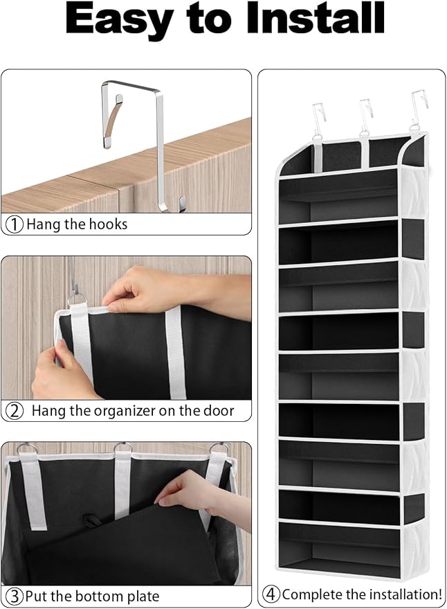 1 Pack Over The Door Storage Organizer with 5 Pockets 10 Mesh Side Pockets, 44 lbs Weight Capacity Door Hanging Organizers and Storage for Bedroom,Bathroom,Nursery,Pantry,Dorm(Black)