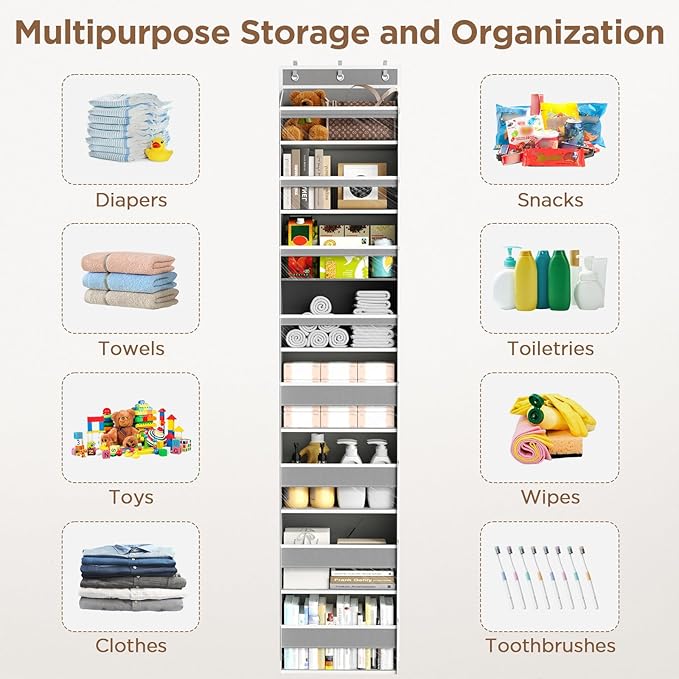 Over The Door Organizer, 8 Shelf Door Hanging Organizers with 8 Large Capacity Pockets, Back of Door Organizer Storage Hanging Shelves for Closet Bathroom Bedroom Nursery