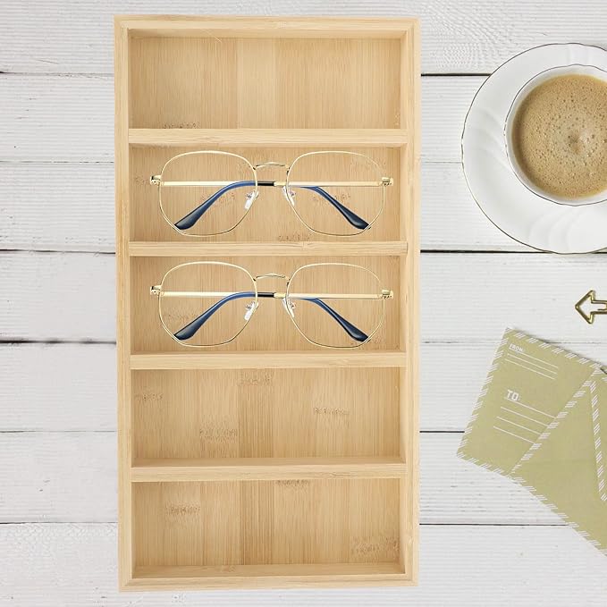 BESTonZON Sunglasses Organizer Tray with 5 Compartments, Eyeglass Storage Holder for Desktop, Sunglass Display Case for Home and Office