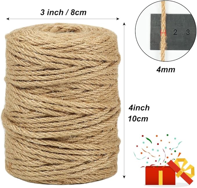 Tenn Well Jute Twine, 164 Feet 4mm Natural Garden Twine Rope for Crafts, Gardening, Plant Support, Gift Wrapping, Recycling, Christmas Ornaments, Holiday Decor
