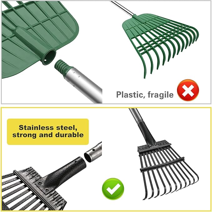 HOSKO 74 Inch Leaf Rake, 11 Tines Garden Rakes with Adjustable Sectional Handle for Quick Clean Up of Lawns, Garden, Farm, Pasture, Yard and Chicken Coop