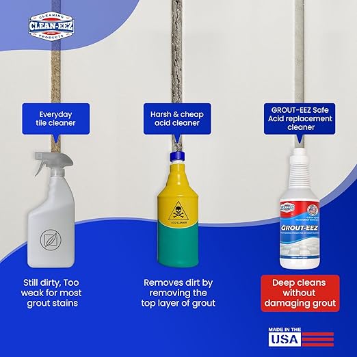 Clean-eez Grout-eez Tile Cleaner with Stand-Up Brush Head – 32 oz Heavy-Duty Stain Remover for Ceramic and Porcelain Floors – Safe for Colored Grout – Not for Natural Stone – Pole Not Included