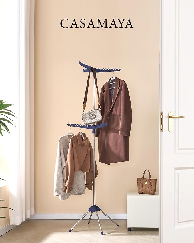 Clothes Drying Rack Foldable, 74.8 inch 2 Tier Laundry Drying Rack with Rotating Clothes Rail for 54 Pieces of Clothes, Space Saving, Indoor, Stainless Steel, Blue and Silver CDR002Q01