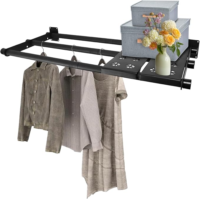 Closet Shelves Wall Mounted, 85 Inches Heavy Duty Closet Rod with Shelf Metal Utility Shelf for Wall, Closet, Laundry Room