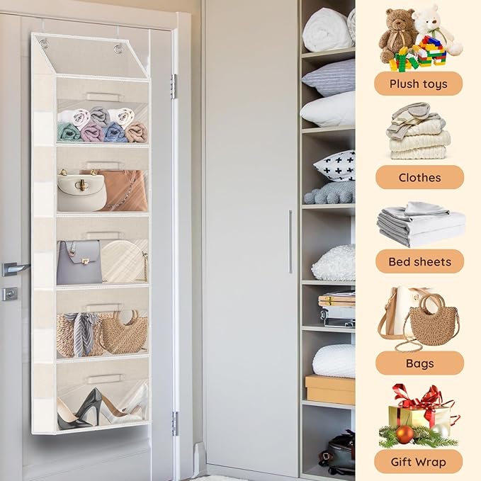 Ofiray-home Over Door Organizer with Drawers, 5-Tier Hanging Storage, Removable Bins & 10 Side Pockets. For Closet, Baby Items, Yarn, Bedding, Clothes, Toys, Towels - Beige