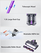 Cordless Vacuum Cleaner, Rapid Clean 23 Kpa Powerful Suction, 1.3 L Large Capacity, 2 Modes & 30Mins Runtime, Rechargeable Stick Vacuum for Pet Hair Hardwood Carpet - Purple