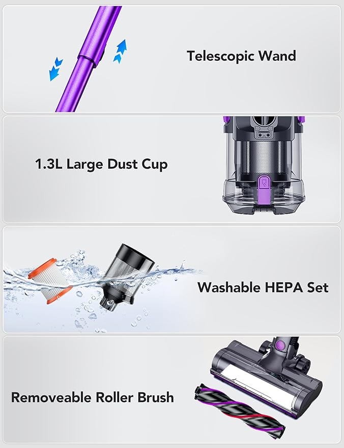 Cordless Vacuum Cleaner, Rapid Clean 23 Kpa Powerful Suction, 1.3 L Large Capacity, 2 Modes & 30Mins Runtime, Rechargeable Stick Vacuum for Pet Hair Hardwood Carpet - Purple