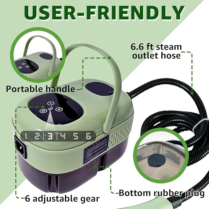 2500W Handheld Steam Cleaner, Pressurized Portable Steamer for Car Detailing, Home Cleaning, Upholstery, Kitchen, Bathroom, 35oz Tank, 6-Level Adjustable Steam Control (Green 2)
