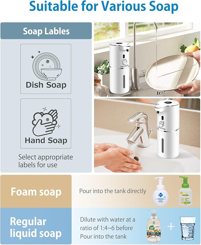 Automatic Foaming Soap Dispenser 12.8oz, Rechargeable & 6 Levels Foaming Adjustable with Digital Display, Wall Mount, Waterproof, Touchless Hand/Dish Soap Dispenser for Kitchen, Bathroom, Hotel