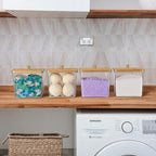 4 Pack Laundry Detergent Container, Clear Laundry Room Organization Containers, Large Laundry Powder Storage Organizer Wooden Lids with Scoop