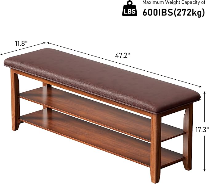 Shoe Bench with Leather Cushion,Burnt Wood Shoe Organizer Bench for Entryway, Rubberwood Entryway Bench for Hallways, Front Doors, Entrances, Mudrooms (Two Floors, 47.2)