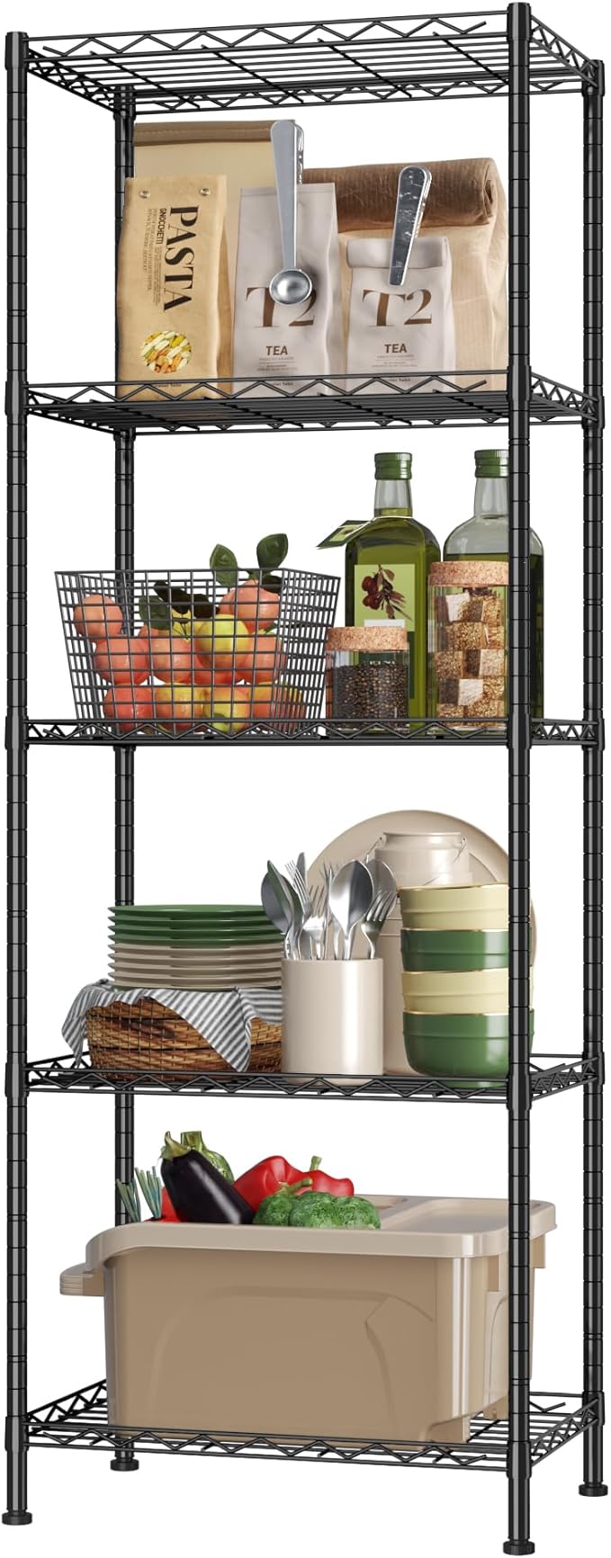 HOMEFORT 5-Shelving Unit, Adjustable Wire Shelving, Metal Wire Shelf Rack Organizer for Kitchen, Pantry, Closet, Bathroom, Laundry, Black,21" W x 11" D x 59" H