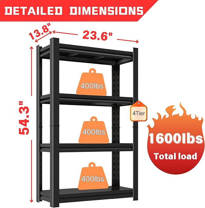 Kitchen Shelves, Adjustable Height Kitchen Shelving Unit, 1600Ibs Heavy Duty Storage Shelves, Kitchen Shelf Organizer, Ideal for Pantry, and Garage Storage Solutions, 23.6"Wx13.8"Dx54"H, Black