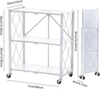 BRIAN & DANY 3-Tier Foldable Storage Shelves with Wheels, No Assembly Folding Shelf Metal Rack, Shelving Unit for Kitchen, Garage, White