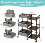 Baby Diaper Caddy Organizer Cart, 3-Tier Rolling Wheels Cart with Dividers and Shelves, Bedside Utility Cart for Nursery Essentials, Large Capacity Mobile Storage Cart for Crib, Bedroom