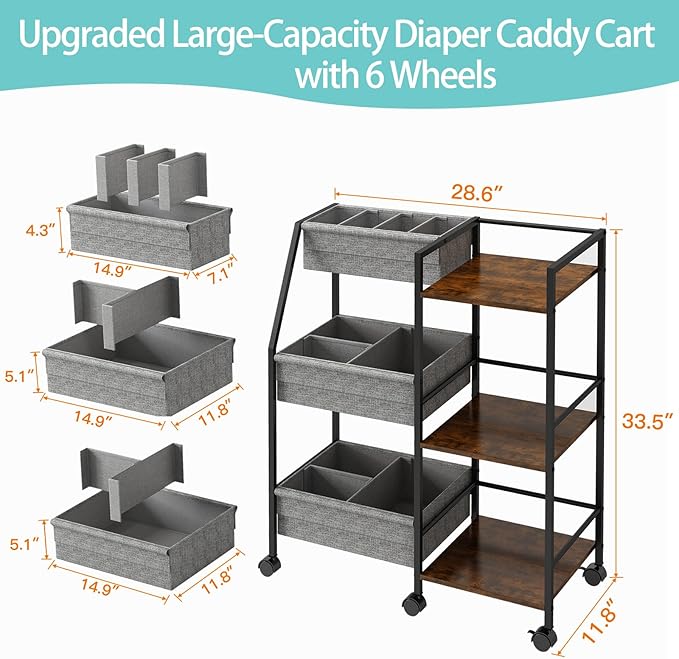 Baby Diaper Caddy Organizer Cart, 3-Tier Rolling Wheels Cart with Dividers and Shelves, Bedside Utility Cart for Nursery Essentials, Large Capacity Mobile Storage Cart for Crib, Bedroom