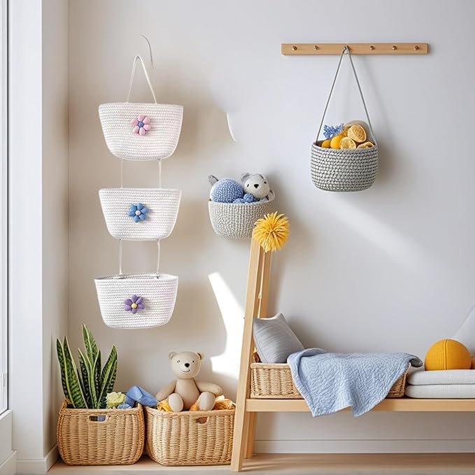Nursery Must-Have! 3-Tier Cotton Hanging Baskets with Adorable Flowers - Soft Woven Storage for Baby Clothes, Toys & Essentials, Over-the-Door Organizer