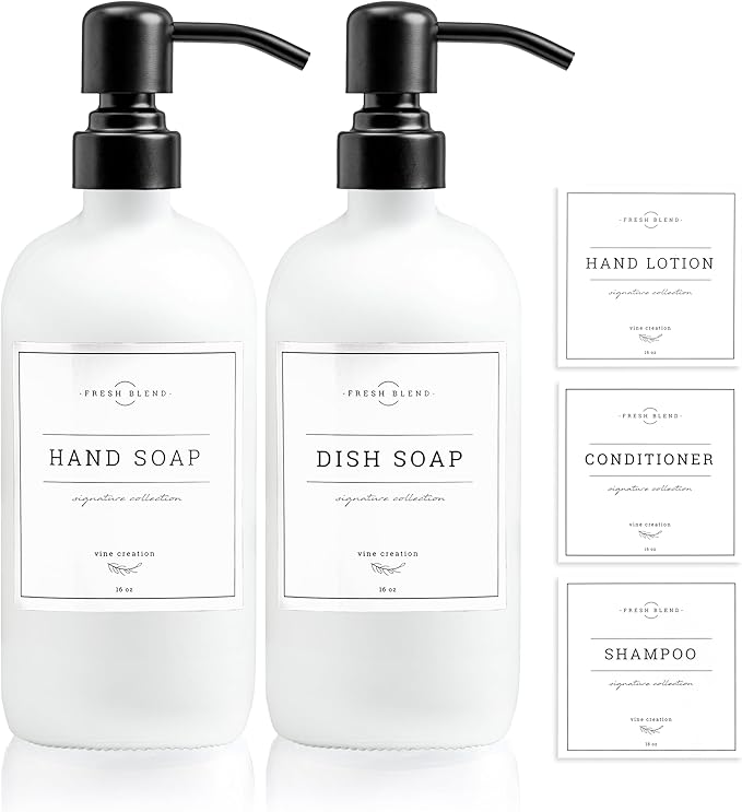 Vine Creations White Glass Soap Dispenser, 2 Pack Kitchen Soap Dispenser Set with Stainless Steel Pump, 16 oz Dish Soap and Hand Soap Dispensers for Bathroom with Waterproof Labels