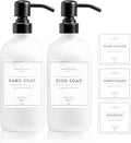 Vine Creations White Glass Soap Dispenser, 2 Pack Kitchen Soap Dispenser Set with Stainless Steel Pump, 16 oz Dish Soap and Hand Soap Dispensers for Bathroom with Waterproof Labels