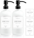 Vine Creations White Glass Soap Dispenser, 2 Pack Kitchen Soap Dispenser Set with Stainless Steel Pump, 16 oz Dish Soap and Hand Soap Dispensers for Bathroom with Waterproof Labels