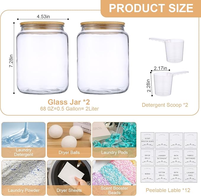 Laundry Pods Container With Airtight Bamboo Lid,Glass Jars for Laundry Room Organization Jar. Dishwasher pods container.1/2 Gallon Laundry Jars for Detergent Powder,Scent Boosters,Laundry Room Storage