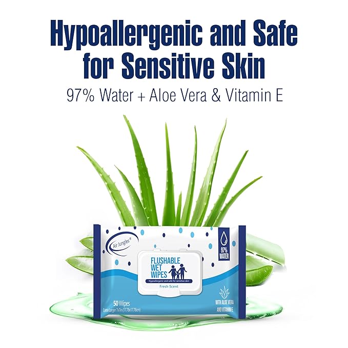 Air Jungles Flushable Wipes 1200 Wipes, Extra Large 7"x7", Fresh Scent Wet Wipe, Moisturizing with Aloe Vera & Vitamin E, for Adults and Babies