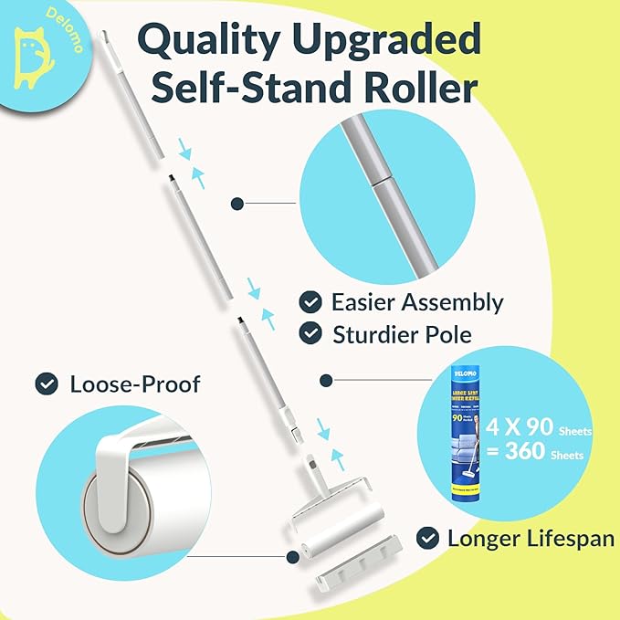 Lint Roller Refills (2 Pack, 180 Sheets) – DELOMO 9.45 in Large Lint Roller Refill, Compatible Only with DELOMO Floor Lint Roller, for Cleaning Carpets, Cars, Clothing & Pet Hair