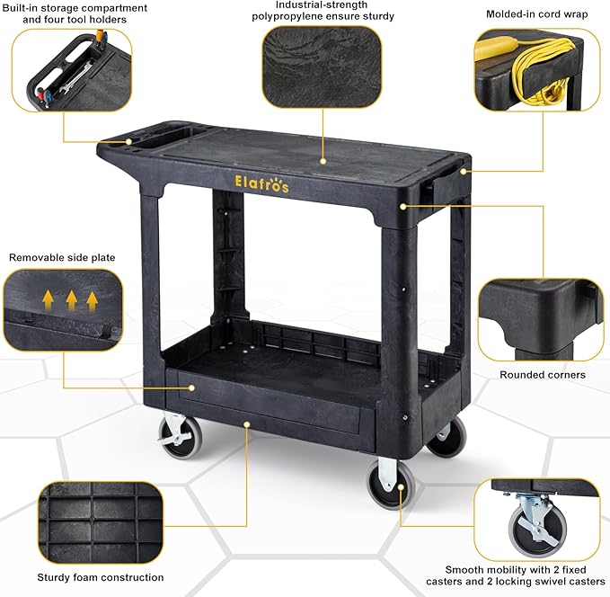 ELAFROS Heavy Duty Plastic Utility Cart Flat top 37 x 18.8 Inch - Work Cart Flat Shelves and 2 Fixed 2 Swivel Wheels Safely Holds up to 550 lbs - 2 Tier Service Cart for Warehouse,Garage, Black
