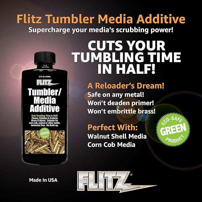 Flitz Tumbler Media Additive - 7.6oz Bottle of USA-Made Brass Cleaner Reloading Liquid for Ammo, Copper, & All Metals - Ammonia-Free Tumbling Polish to Remove Oxidation, Powder Residue (1 Pack)