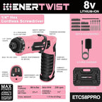 Enertwist Electric Screwdriver, 8V Max 10Nm Pink Cordless Screwdriver Rechargeable Set with 82 Accessory Kit and Charger in Carrying Case, 21+1 Cluth, Dual Position Handle, LED Light