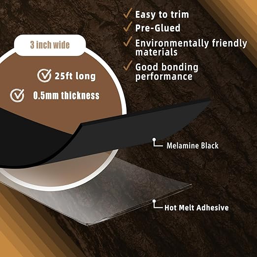 GSCIT Club Black Edge Banding, 3 inch x 25ft Melamine Edge Banding with Hot Melt Adhesive Preglued Cabinet Edge Banding Flexible Black Veneer Edging