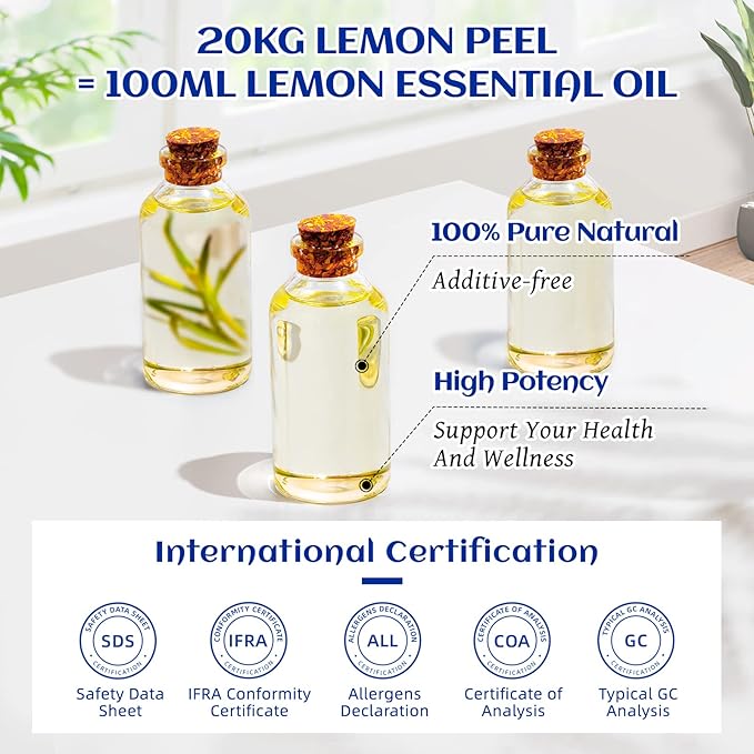 HIQILI Lemon Essential Oil, Household Cleaning, Air Purification, Skin Care, Can be Added to Cleansers, Sprays, Body Lotions Use - 3.38 Fl Oz/100ML
