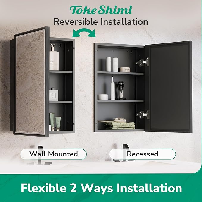 TokeShimi 36x24 Recessed Medicine Cabinet with Mirror Black, Beveled Bathroom Mirror with Storage Aluminum, Surface Mounted Metal Medicine Cabinets for Bathroom Vanity Wall