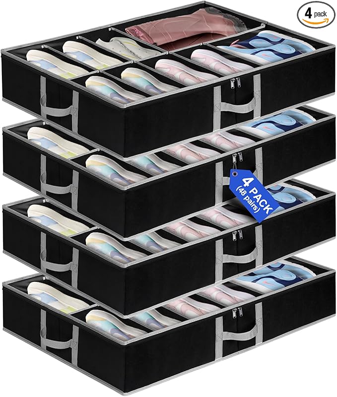 punemi 4pcs Under Bed Shoe Storage Organizer, Adjustable Adhesive Strap Shoe Organizer Under Bed With Bottom Support & 3 Sturdy Handles, Underbed Shoe Organizers For Closet Boot, Sneakers, Heels