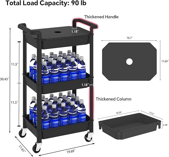 3-Tier Utility Rolling Cart with Cover Top Board, Mobile Utility Cart with Lockable Casters Multi-Functional Storage Trolley for Office, Bathroom, Kitchen, Garden, Laundry Room (Black)