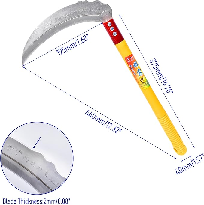 1pce 440mm/17.32in Carbon Steel Billhook Brush Clearing Sickle for Grass,Weeding Tools for Garden,Curved Sawtooth Sickle,Machete Axe for Cutting Trees,Steel Blade Knife in Hand