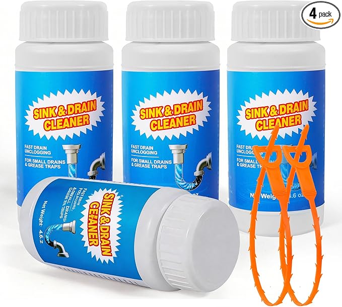 Sink and Drain Cleaner Powder - Powerful Powdered Drain Clog Remover for Kitchen Pipes & Tubs - Fast Acting Formula Immediate Relief Sluggish（130gx4 Pack）