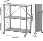 BRIAN & DANY 3-Tier Foldable Storage Shelves with Wheels, No Assembly Folding Shelf Metal Rack, Shelving Unit for Kitchen, Garage, Gray